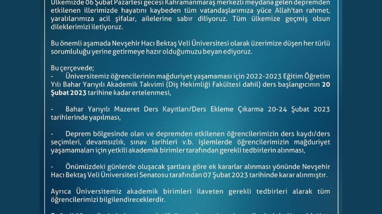 Nevşehir Hacı Bektaş Veli Üniversitesi'nden öğrencilerine duyuru!