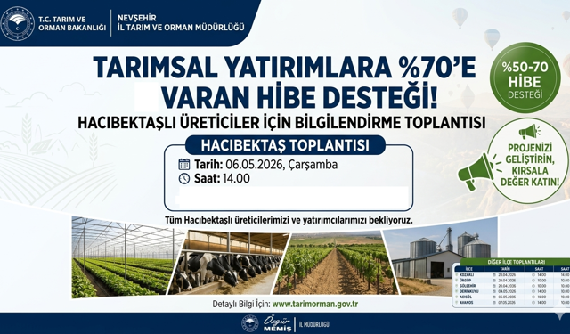 İl Tarım Müdürlüğü Hacıbektaş’ta %70 Hibe Desteği Bilgilendirme Toplantısı Yapacak