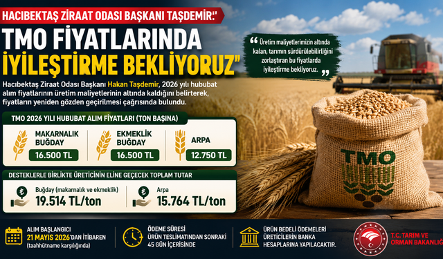 Hacıbektaş Ziraat Odası Başkanı Taşdemir’den TMO Fiyatlarına Tepki