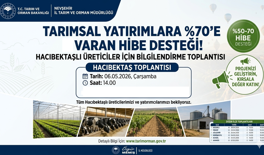 İl Tarım Müdürlüğü Hacıbektaş’ta %70 Hibe Desteği Bilgilendirme Toplantısı Yapacak