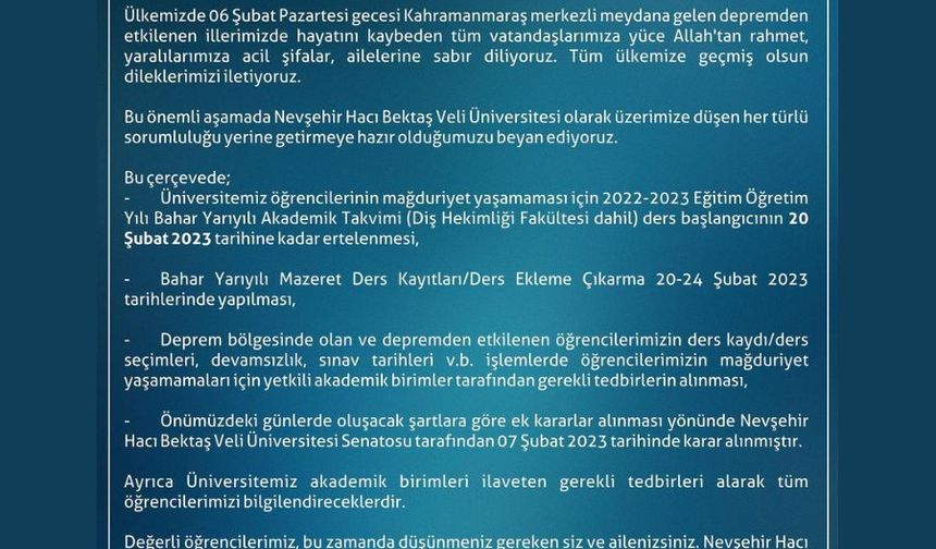 Nevşehir Hacı Bektaş Veli Üniversitesi'nden öğrencilerine duyuru!