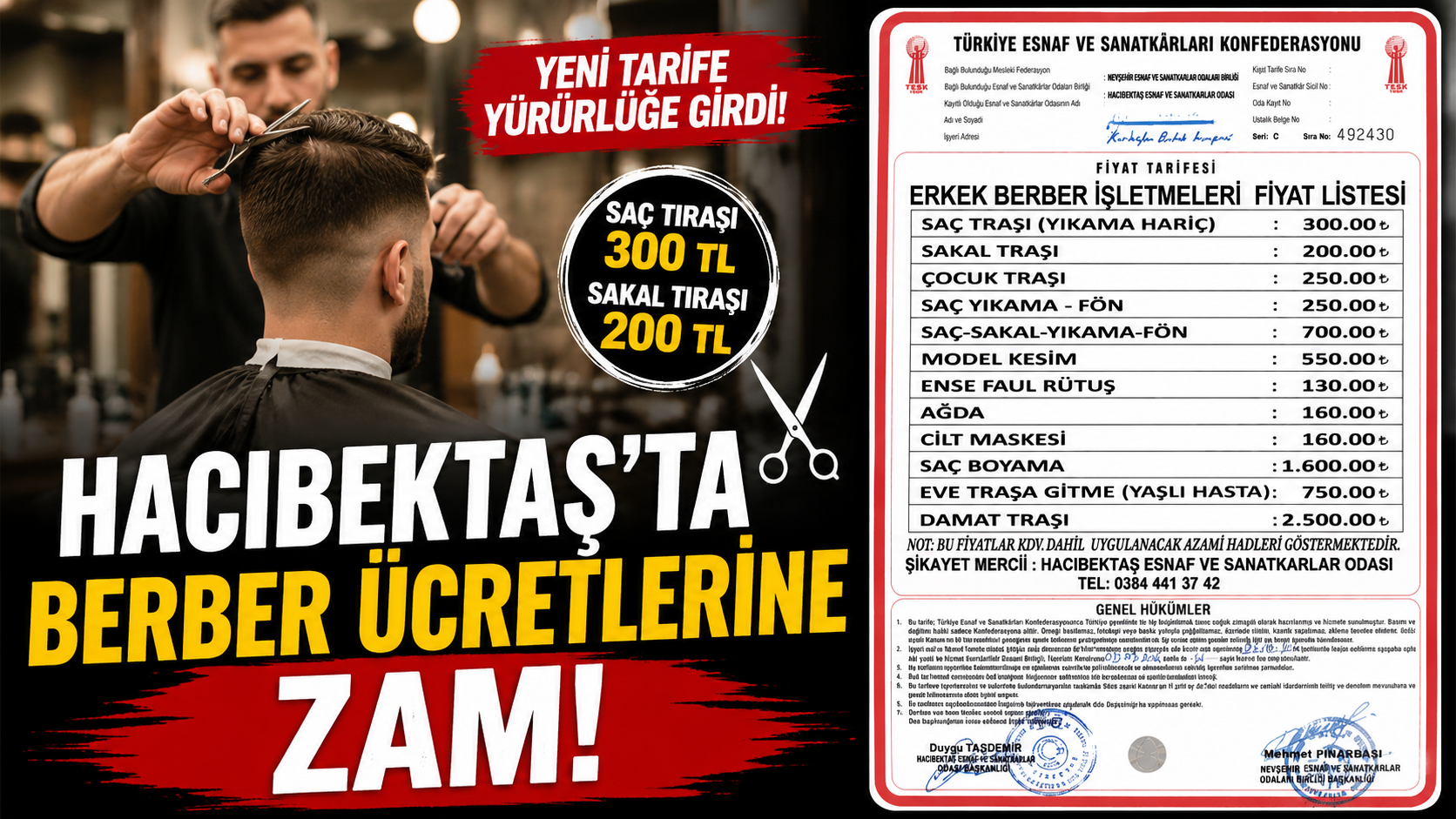 Hacıbektaş’ta Berber Ücretlerine Zam: Yeni Fiyat Tarifesi Yürürlüğe Girdi