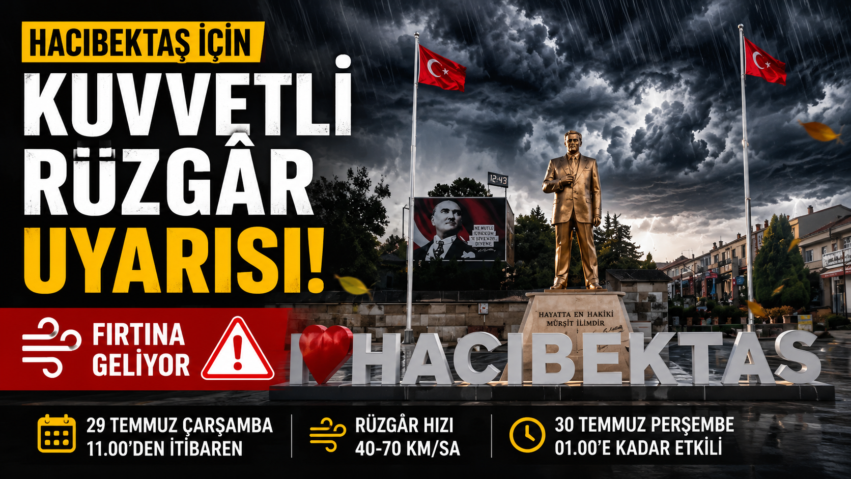 Hacıbektaş İçin Kuvvetli Rüzgâr Uyarısı: Çarşamba Günü Dikkat!
