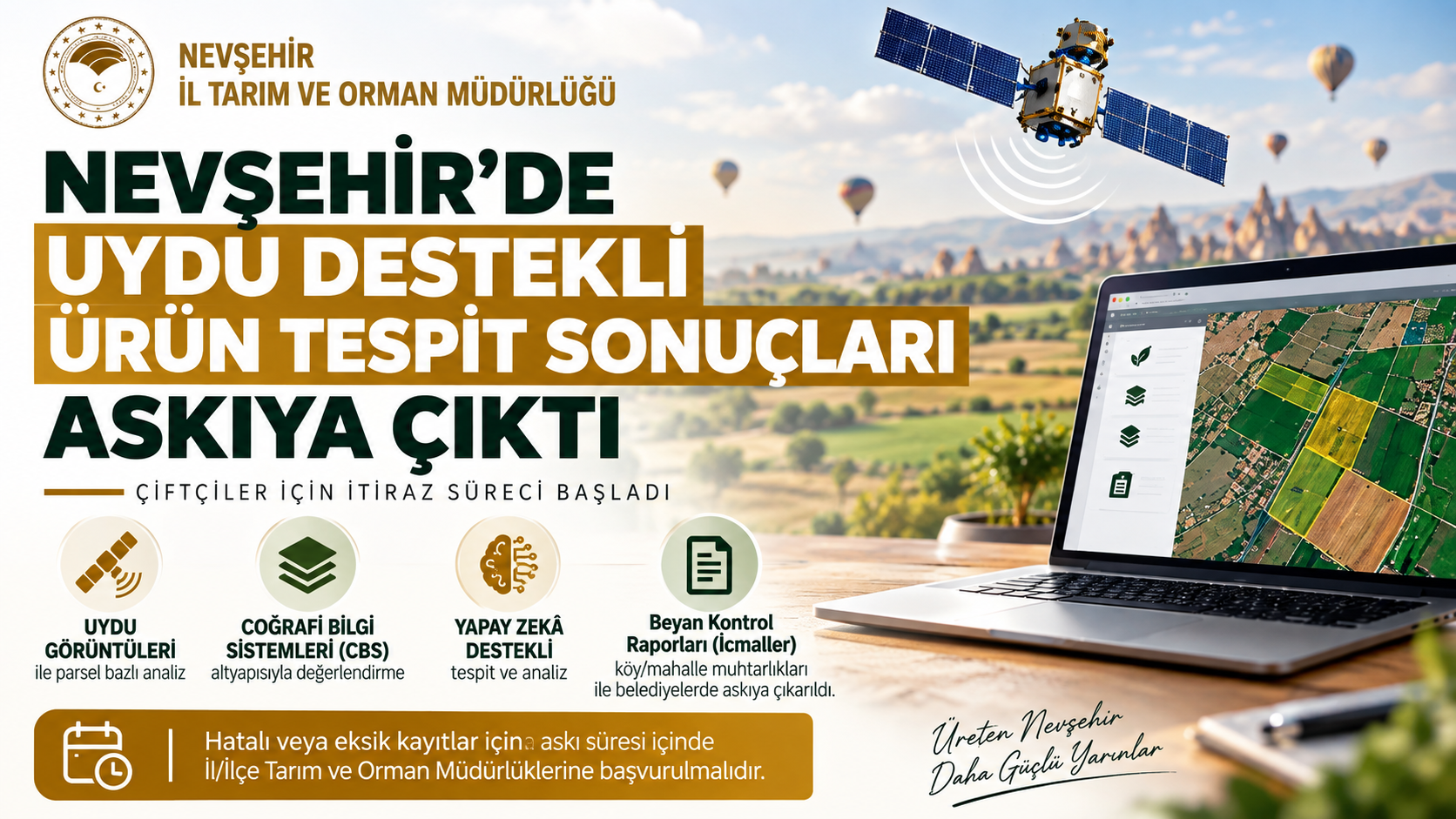 Nevşehir’de Uydu Destekli Ürün Tespit Sonuçları Askıya Çıktı